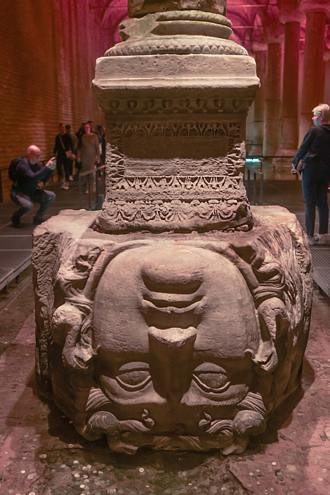 The mysterious upside-down Medusa head statue at the base of a column in the Basilica Cistern in Istanbul
